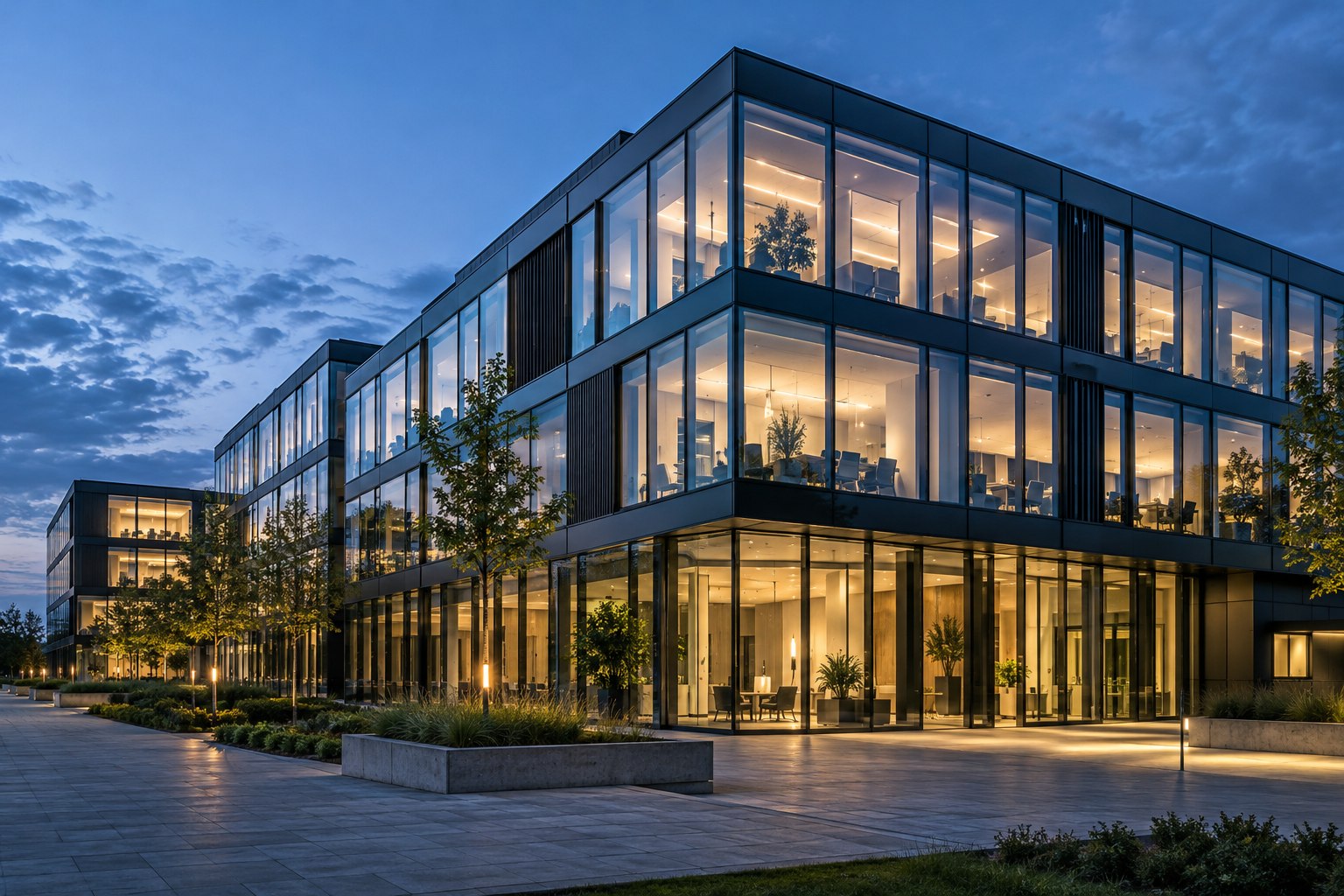 Moderne Büroarchitektur mit beleuchteten Räumen in der Abenddämmerung